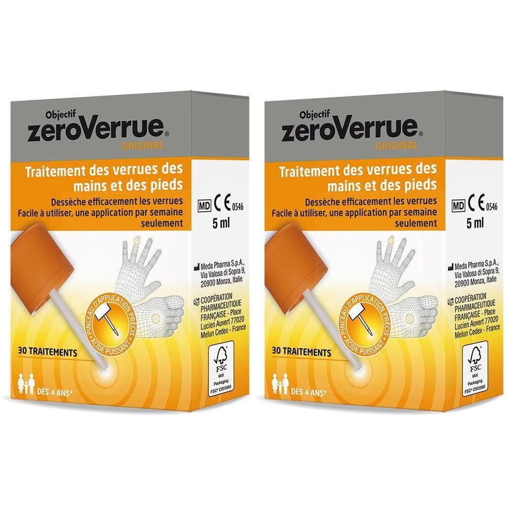 Deux boîtes. Inscription: zeroVerrue. Traitement des verrues mains et pieds. 30 traitements. Applicateur visible.