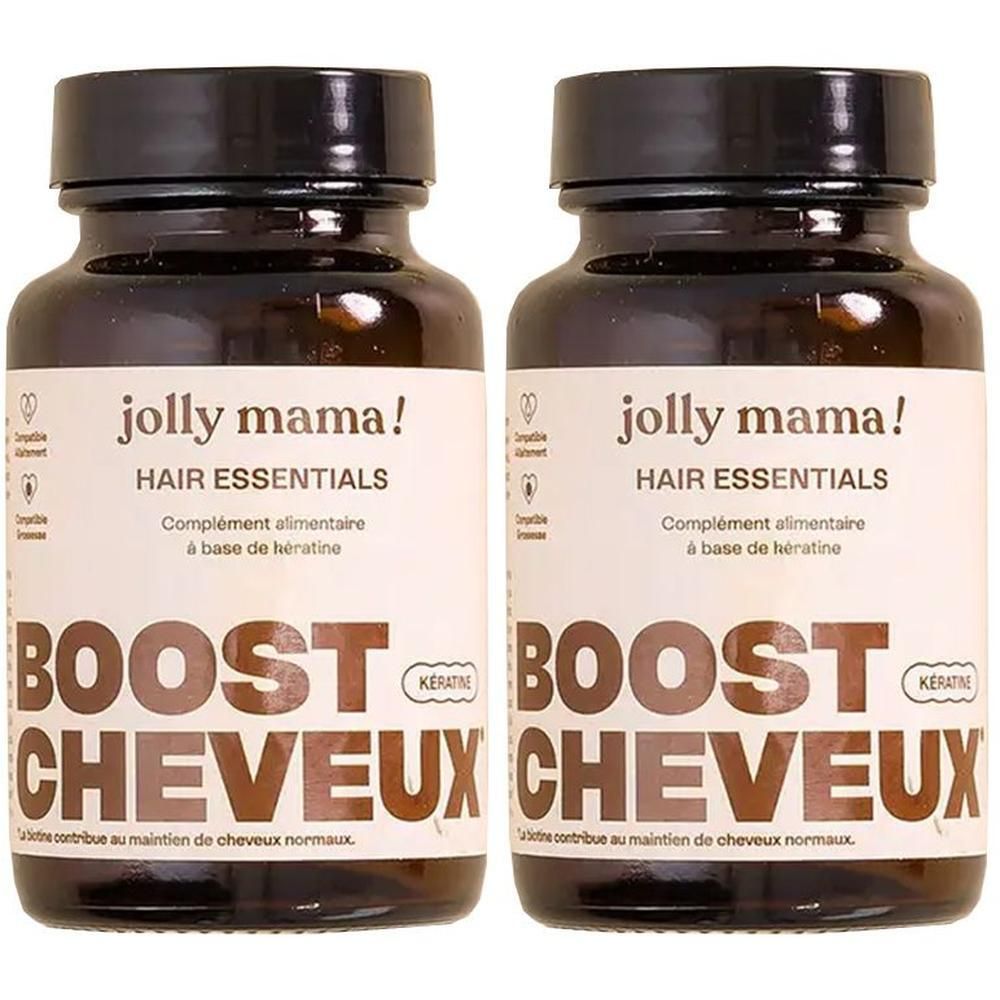 Deux flacons avec bouchons bruns. Inscription: Jolly Mama! HAIR ESSENTIALS. BOOST CHEVEUX. Complément alimentaire.