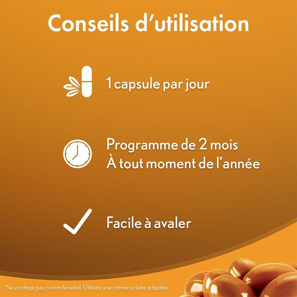 Conseils d'utilisation: 1 gélule par jour, programme de 2 mois, à tout moment de l'année. Facile à avaler.