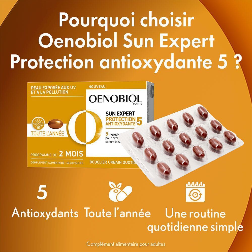 OENOBIOL Sun Expert Protection Antioxydante 5. Emballage de gélules et une boîte. 5 antioxydants, toute l'année, routine quotidienne.