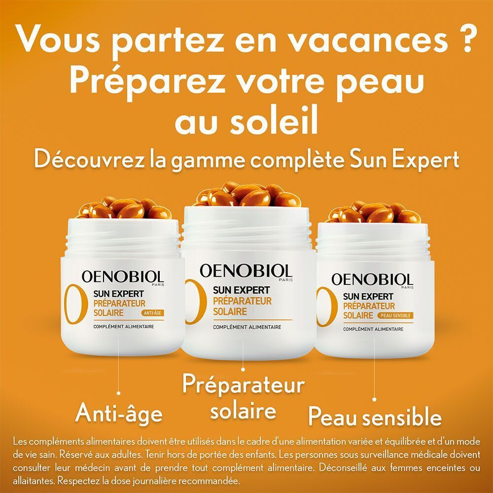 Trois pots OENOBIOL Sun Expert Préparateur Solaire. Anti-âge, protection solaire, peau sensible. Complément alimentaire.