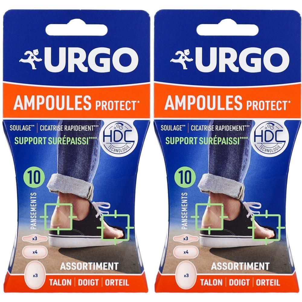 Deux paquets de pansements URGO AMPOULES PROTECT. Contiennent 10 pansements. Illustration d'un pied dans une chaussure. Différentes formes de pansements.