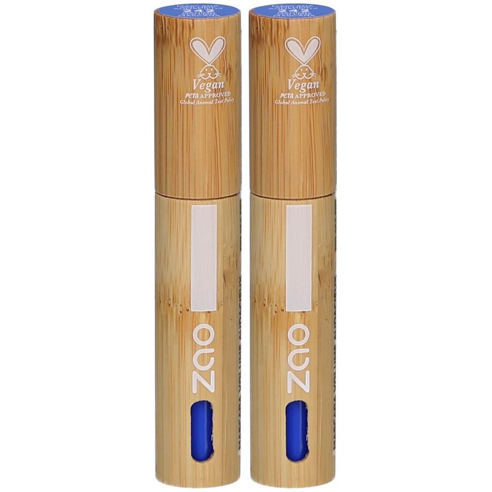 Deux mascaras. Aspect bambou, bouchons et bases bleus. Inscription ZAO. Label Vegan.
