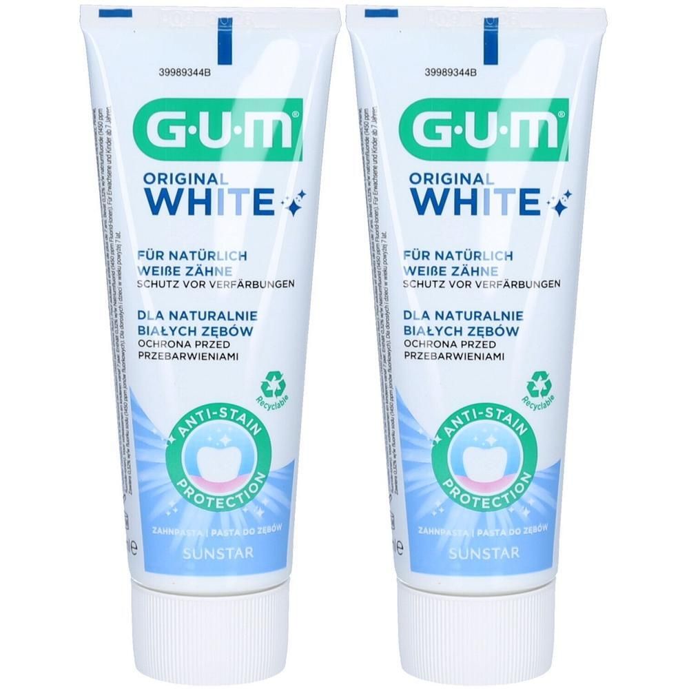 Deux tubes de dentifrice GUM ORIGINAL WHITE. Emballage blanc et bleu. Protection anti-taches.