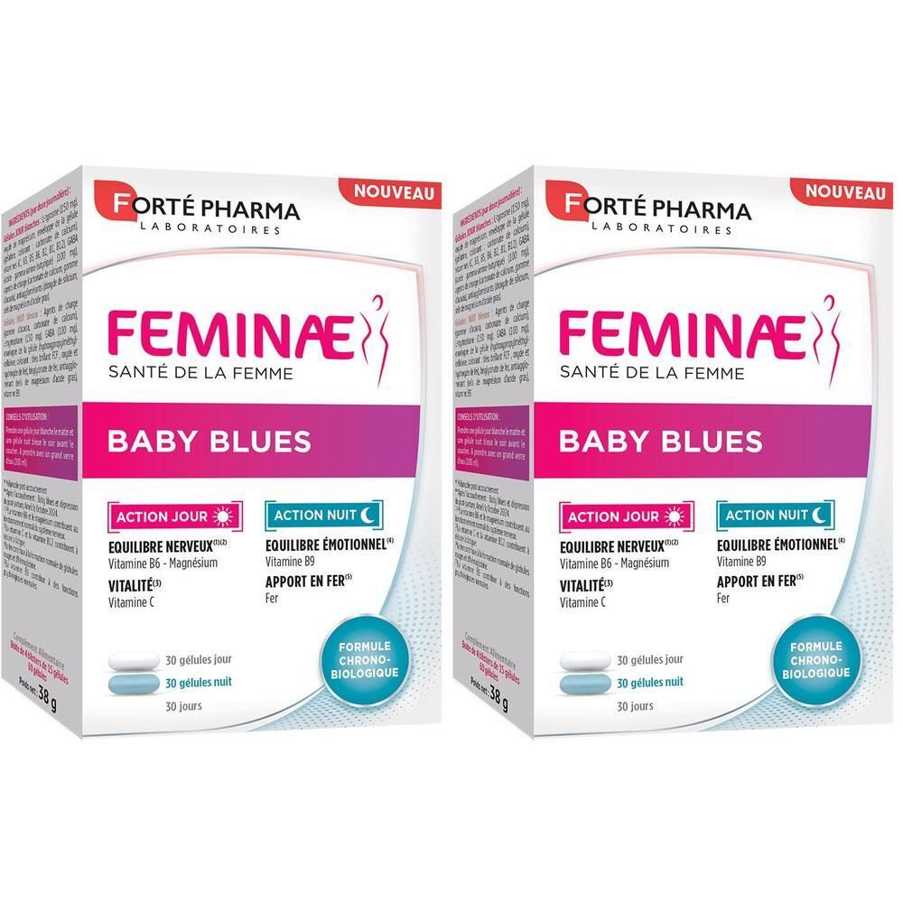 Deux boîtes de Feminae Baby Blues. Emballage blanc et violet avec nom et logo. Contient des gélules jour et nuit.