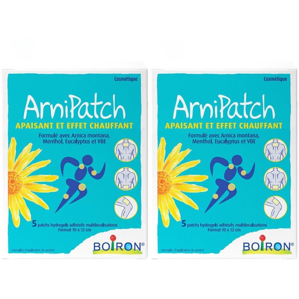 Deux boîtes d'ArniPatch. Emballage bleu avec fleur jaune et texte. Contient 5 patchs hydrogels, 10 x 12 cm. Marque : Boiron.