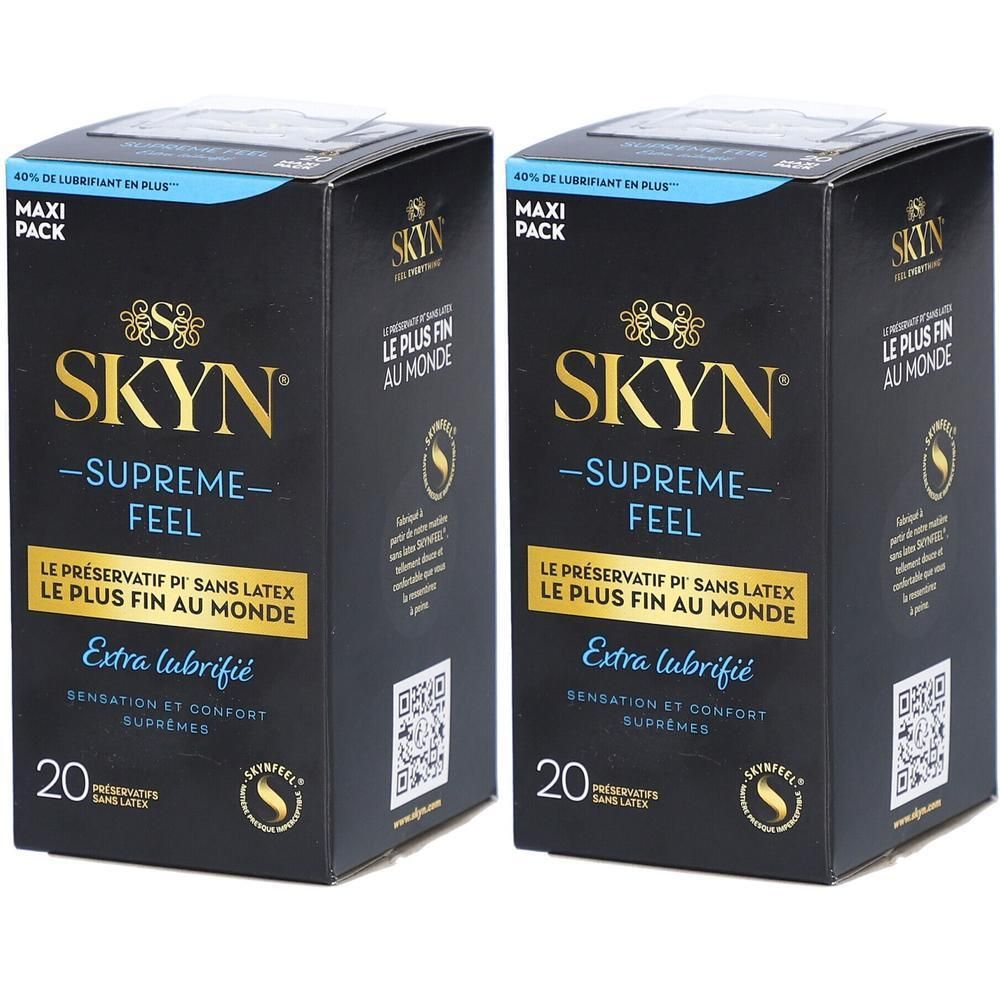 Deux boîtes noires avec logo SKYN et nom du produit. Inscription: Supreme Feel, Extra lubrifié, 20 unités. Maxi Pack.