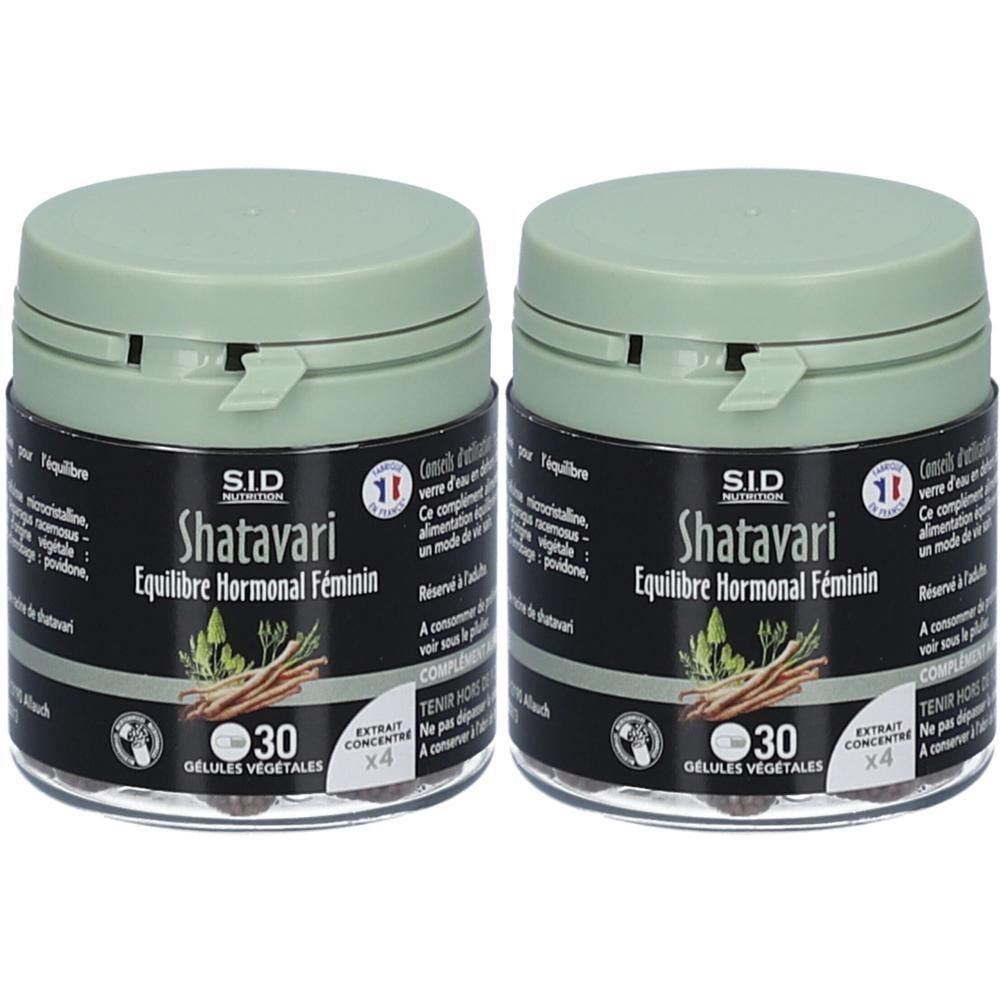 Deux boîtes avec couvercles verts. Inscription: Shatavari, Equilibre Hormonal Féminin, 30 Gélules Végétales. Marque: SID Nutrition.