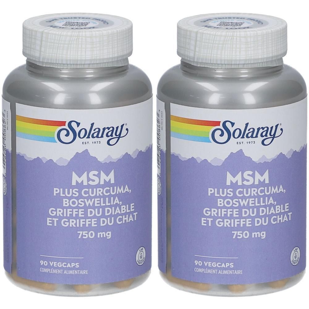 Deux flacons de Solaray MSM. Inscription : MSM, plus Curcuma, Boswellia, 750 mg, 90 Vegicaps. Flacons gris avec couvercles blancs.