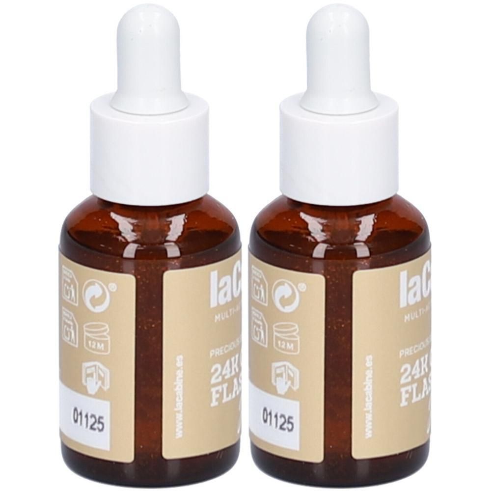 Deux flacons en verre brun avec pipettes blanches. Les étiquettes indiquent "lacabine" et "24K FLA".