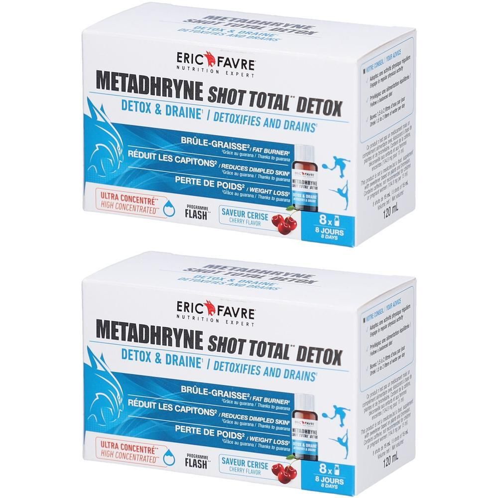 Deux boîtes de METADHRYNE SHOT TOTAL DETOX. Inscription: Detox & Draine. Goût cerise. 8 jours.