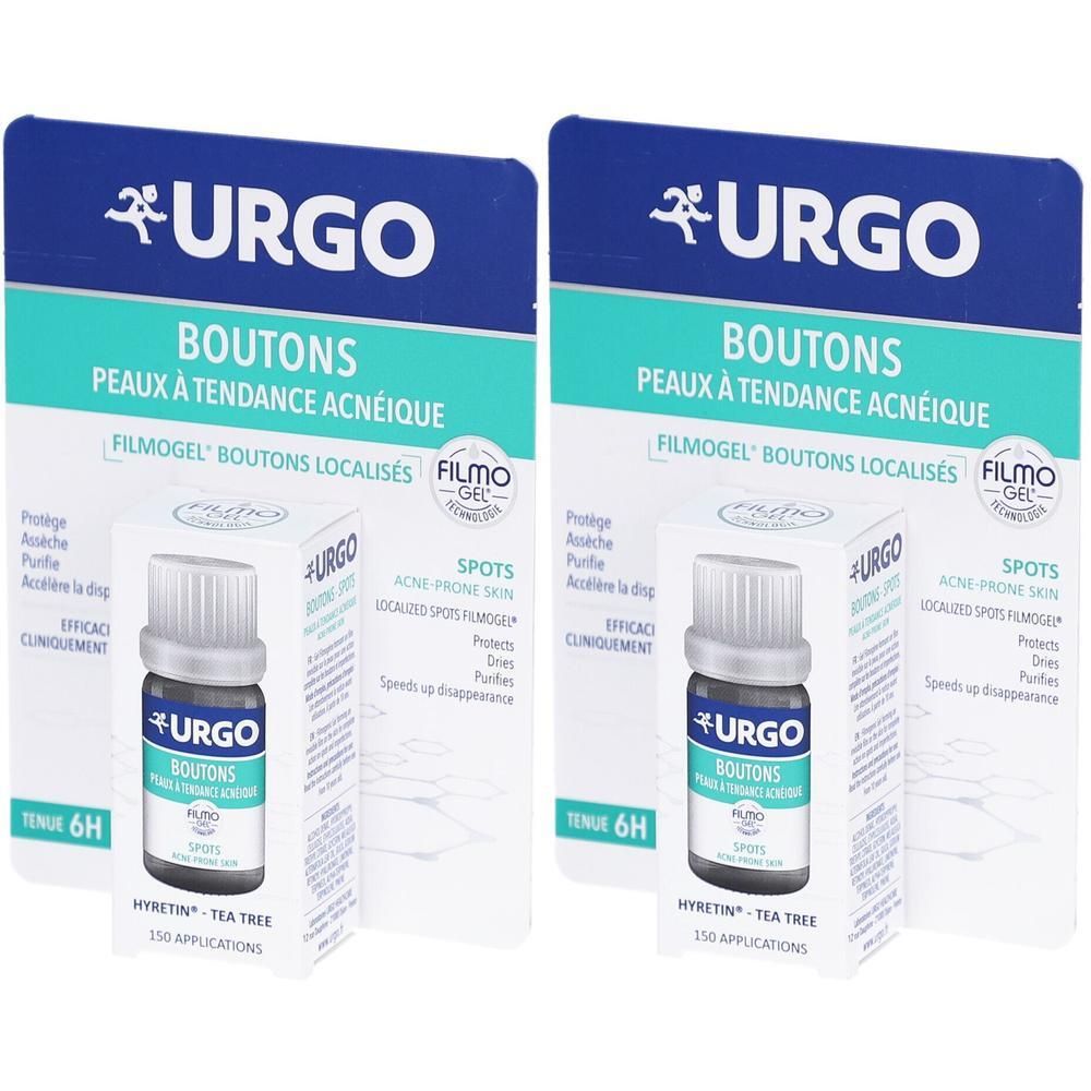 Deux produits URGO. Chaque emballage contient un flacon et une boîte. Sur la boîte, on lit "BOUTONS" et "FILMOGEL".