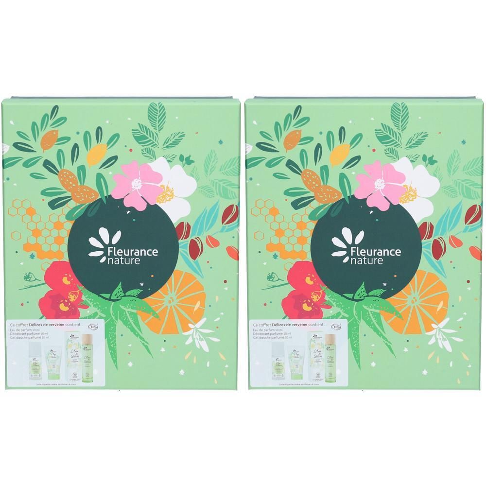 Deux coffrets cadeaux verts avec motifs floraux et logo Fleurance Nature. Chaque coffret contient trois produits.