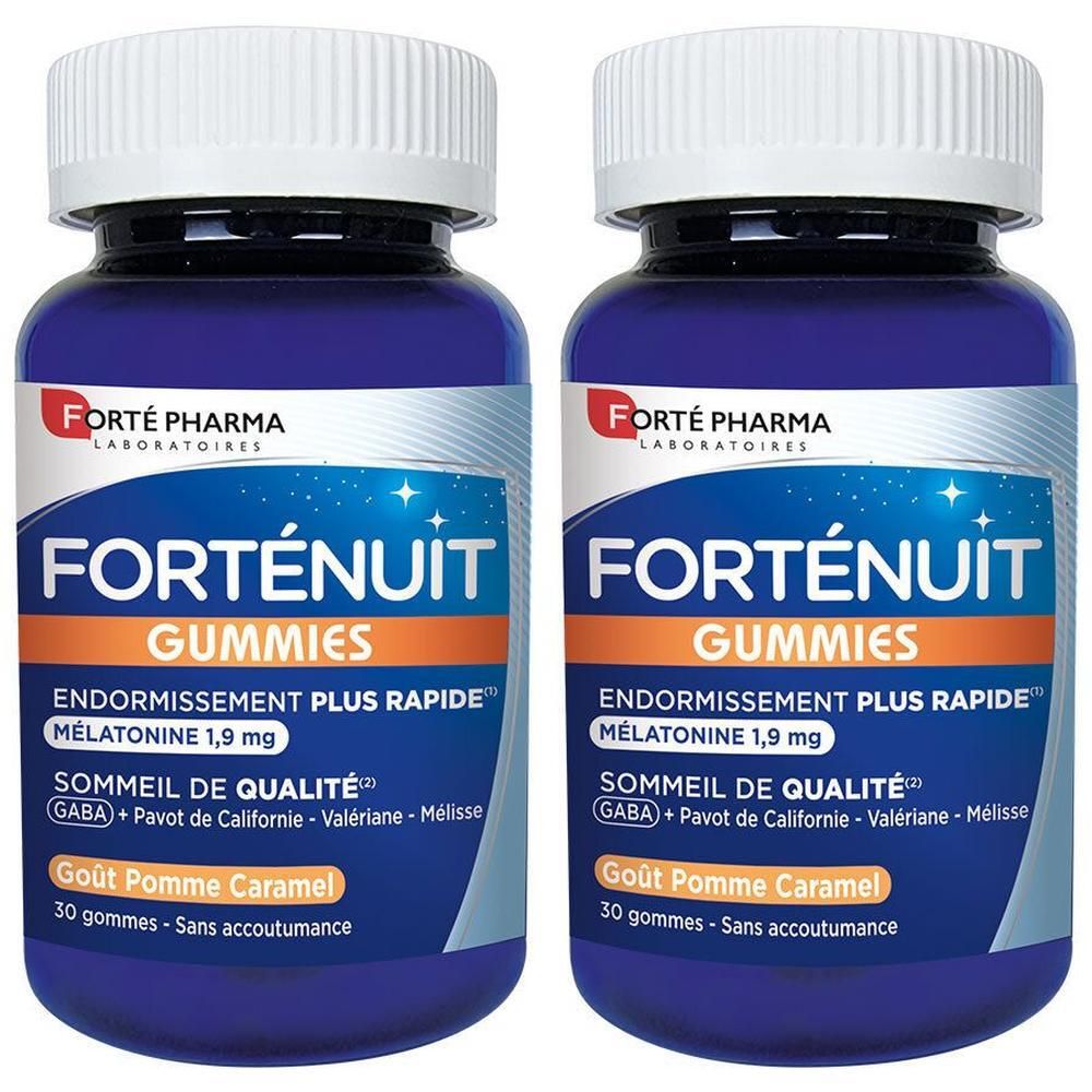 Deux flacons de FortéNuit Gummies. Flacons bleus avec bouchon blanc. Inscription : Forté Pharma, FortéNuit Gummies, Mélatonine 1,9 mg, Goût Pomme Caramel.