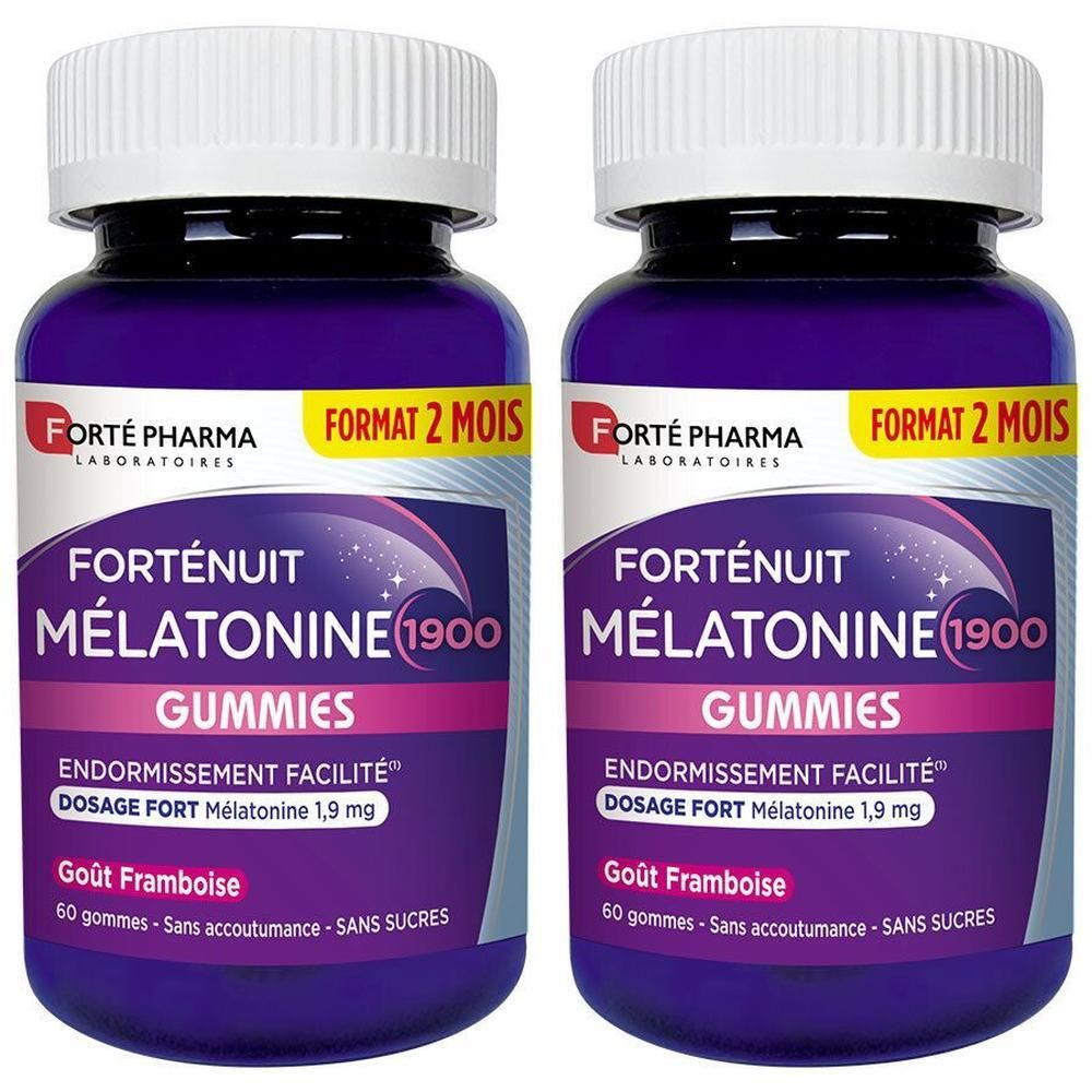 Deux flacons de FortéNuit Mélatonine 1900 Gummies. Étiquette violette, bouchon blanc. Format 2 mois. Goût framboise.