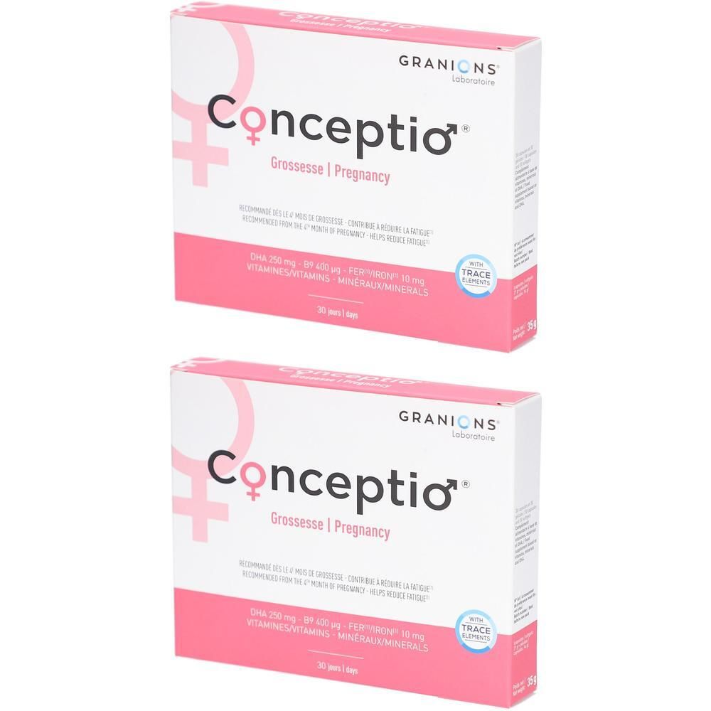 Deux boîtes blanches avec des accents roses. Inscription "Conceptio Grossesse | Pregnancy" et "Granions". Contient 30 sachets.