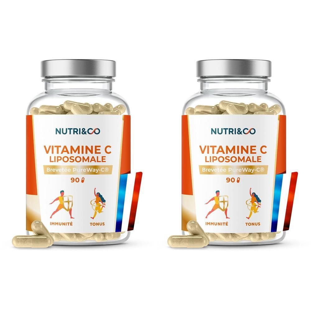 Deux flacons en verre de gélules. Étiquette NUTRI&CO, VITAMINE C LIPOSOMALE. Drapeau français.