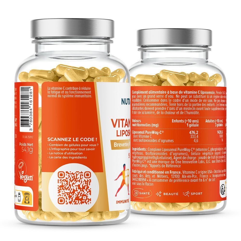 Deux flacons en verre de gélules. Dos avec étiquette, texte et code QR. Logo vegan.