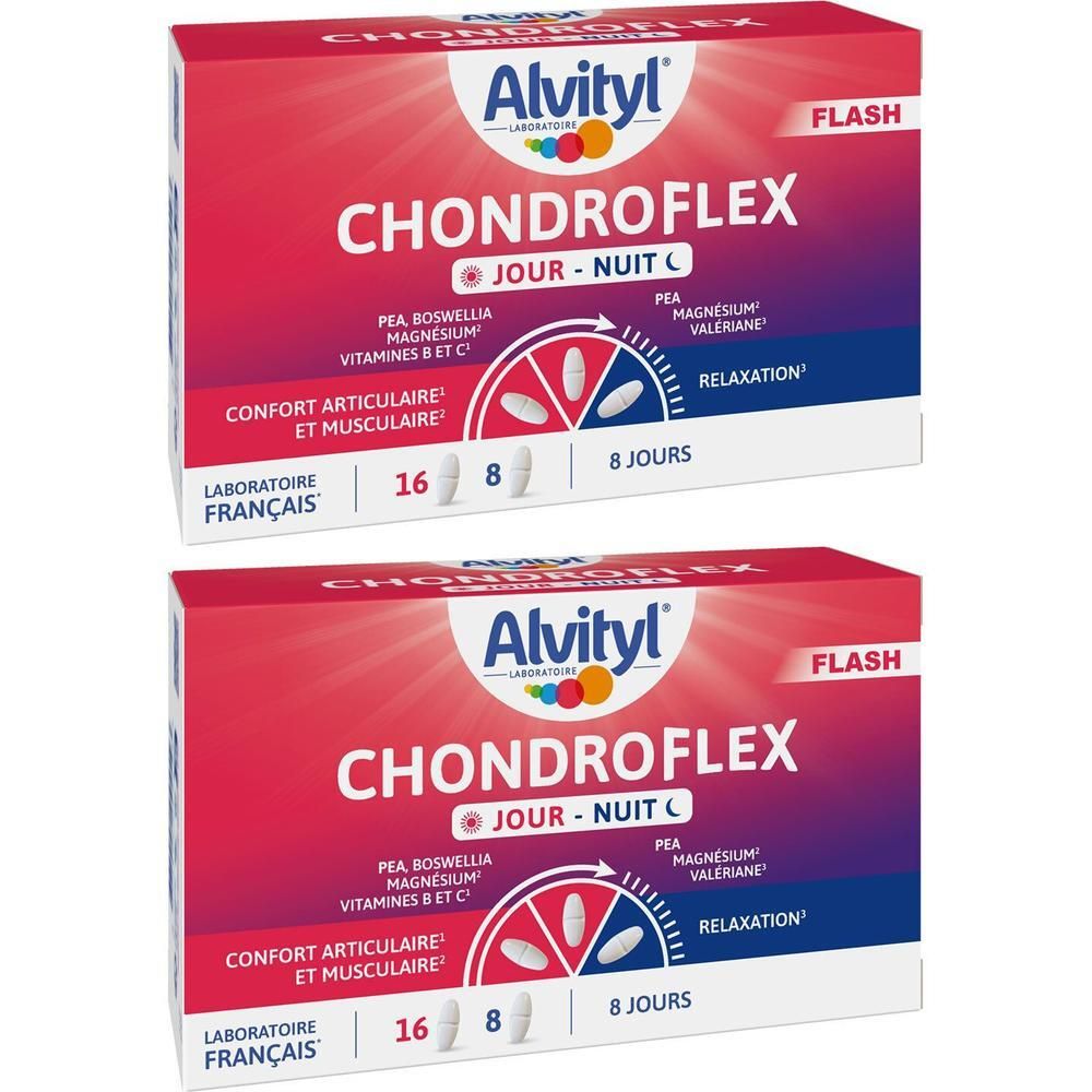 Deux boîtes Alvityl Chondroflex. Emballage rouge avec nom et ingrédients. Contient 16 et 8 comprimés. Label : Laboratoire Français.