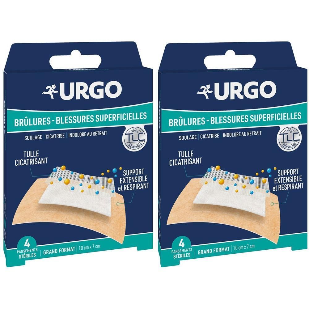 Deux boîtes de pansements. Emballage bleu avec texte blanc. Inscription : URGO, Brûlures-Blessures superficielles. Contient 4 pansements stériles.