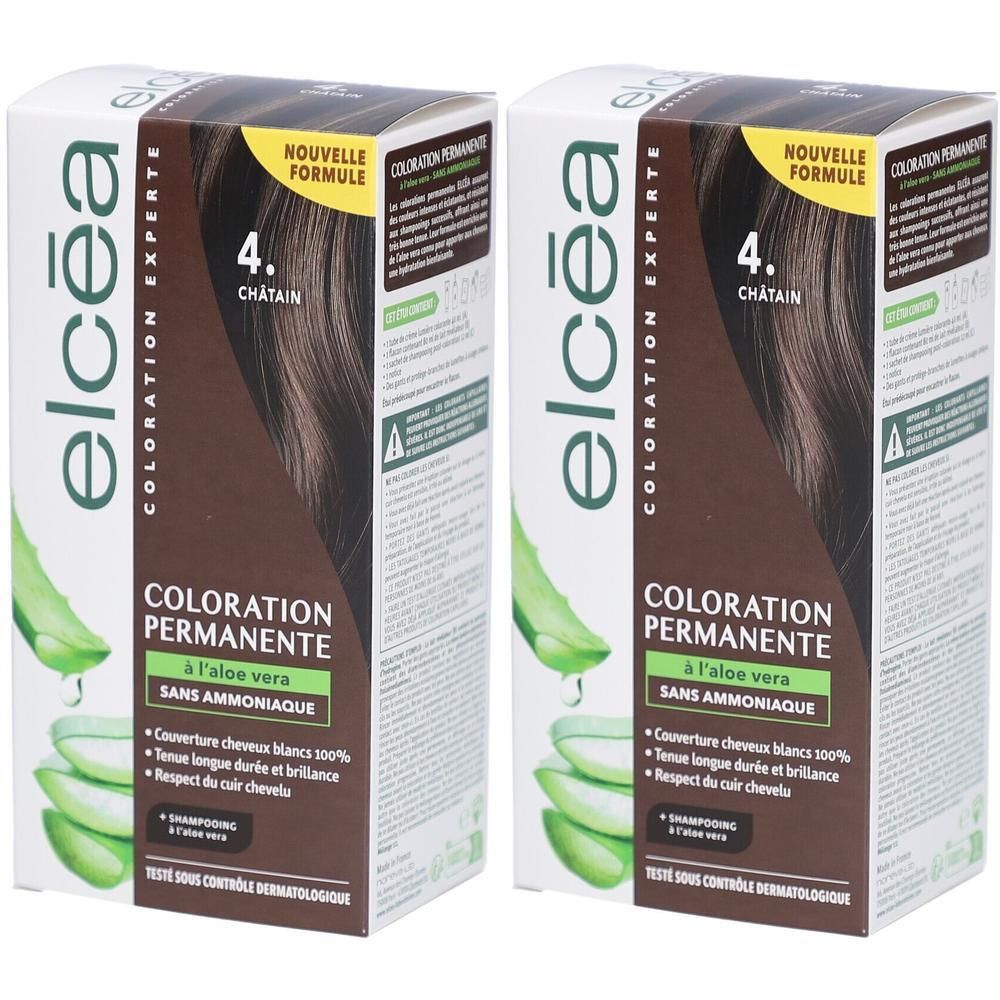 Deux boîtes de coloration capillaire. Inscription: Elcea Color Expert, 4. Châtain, coloration permanente à l'aloe vera, sans ammoniaque. Testé dermatologiquement.