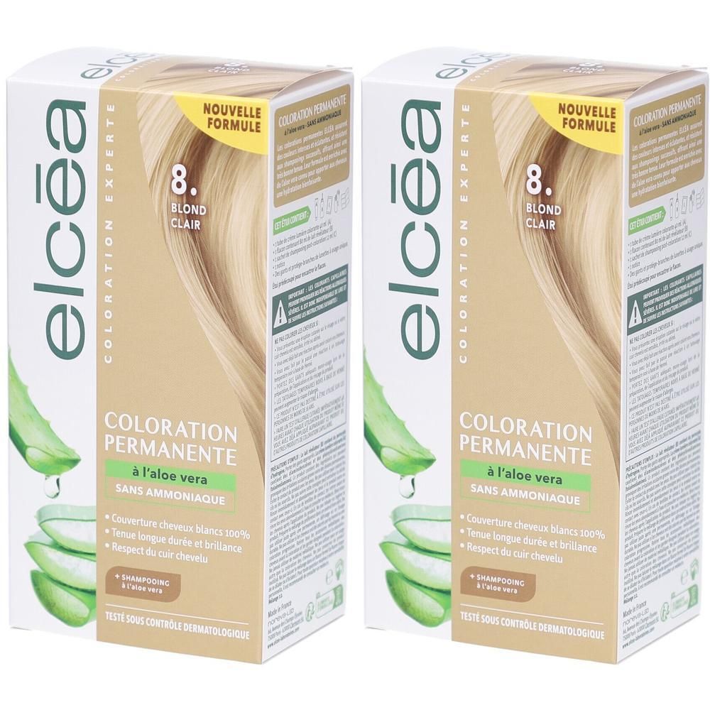Deux boîtes de coloration capillaire Elcea. Inscription: Coloration Experte, Blond Clair 8, permanente à l'aloe vera.