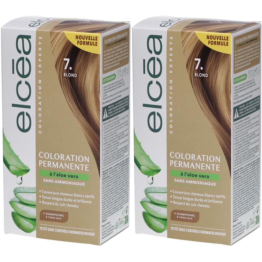 Deux boîtes de coloration capillaire. Inscription: Elcea Coloration Experte, Blond 7. Coloration permanente à l'aloe vera. Sans ammoniaque.