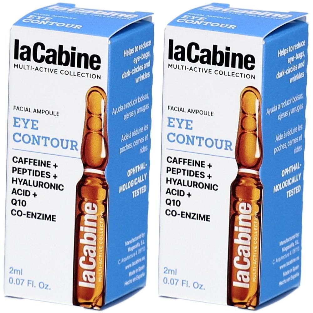 Deux boîtes d'ampoules contour des yeux. Inscription : laCabine, Eye Contour, caféine, peptides, acide hyaluronique, Q10. Testé ophtalmologiquement.
