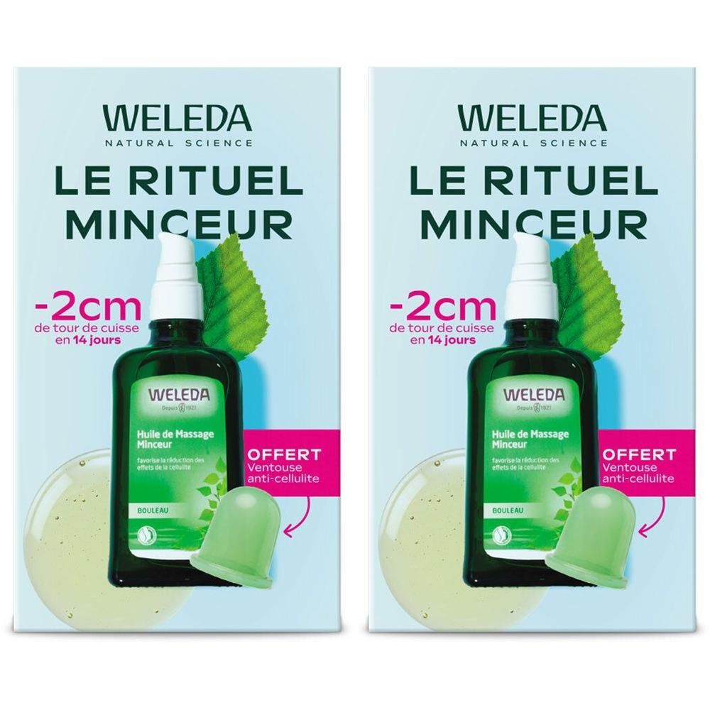 Deux emballages WELEDA. Texte: LE RITUEL MINCEUR. Contient huile de massage et ventouse anti-cellulite. Vert et blanc.