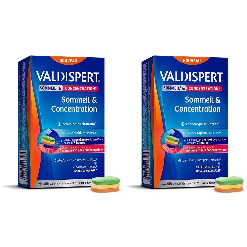 Deux boîtes de VALDISPERT Sommeil & Concentration. Emballage bleu, nom du produit et comprimés.