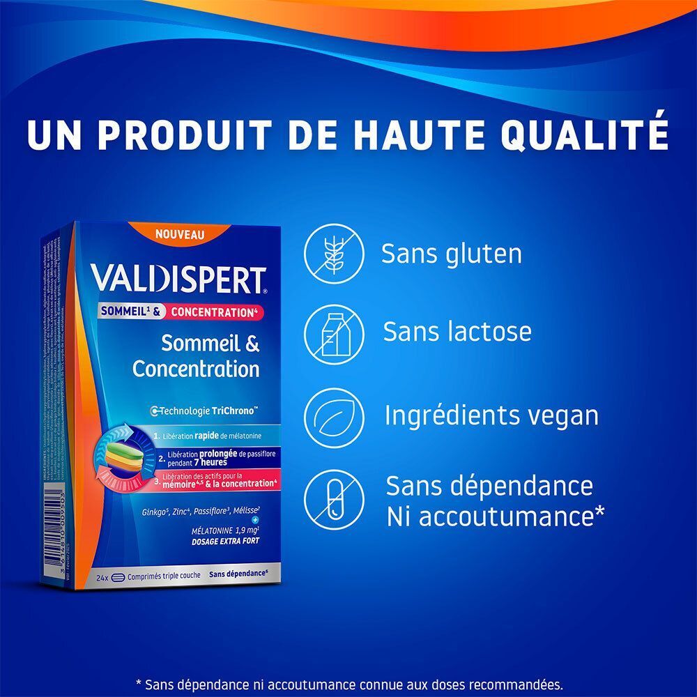 Emballage du produit VALDISPERT Sommeil & Concentration. Sans gluten, lactose, ingrédients végétaliens et sans dépendance.