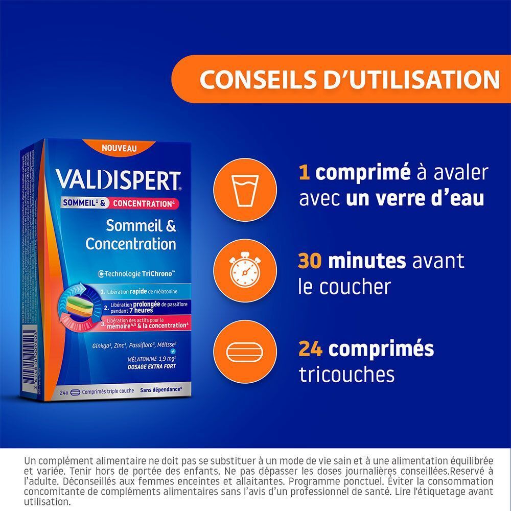 Conseils d'utilisation : 1 comprimé avec un verre d'eau, 30 minutes avant le coucher. 24 comprimés.
