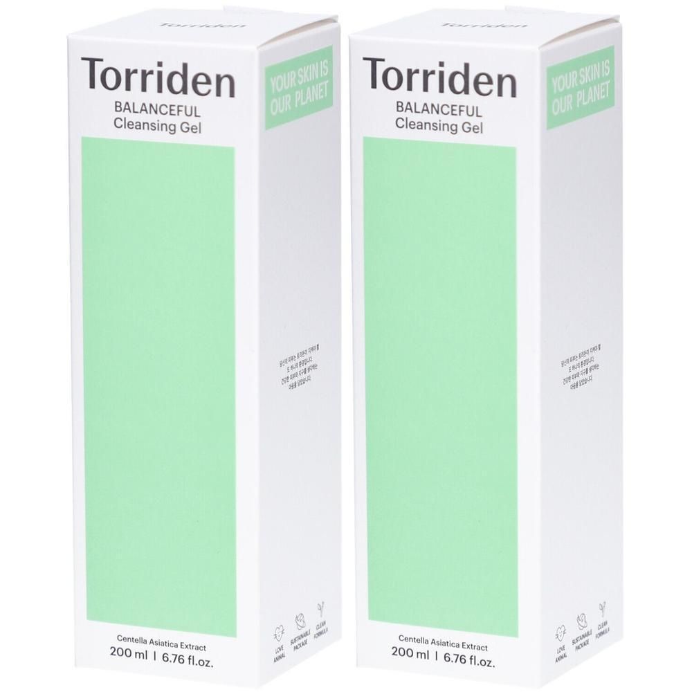 Deux boîtes blanches. Inscription : Torriden, BALANCEFUL Cleansing Gel. Fond vert. Texte : YOUR SKIN IS OUR PLANET. 200ml.