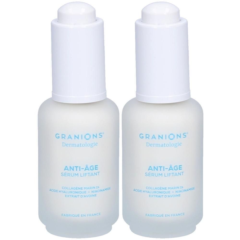 Deux flacons de sérum avec bouchon blanc. Inscription: GRANIONS Dermatologie, Anti-Âge Sérum Liftant. Fabriqué en France.