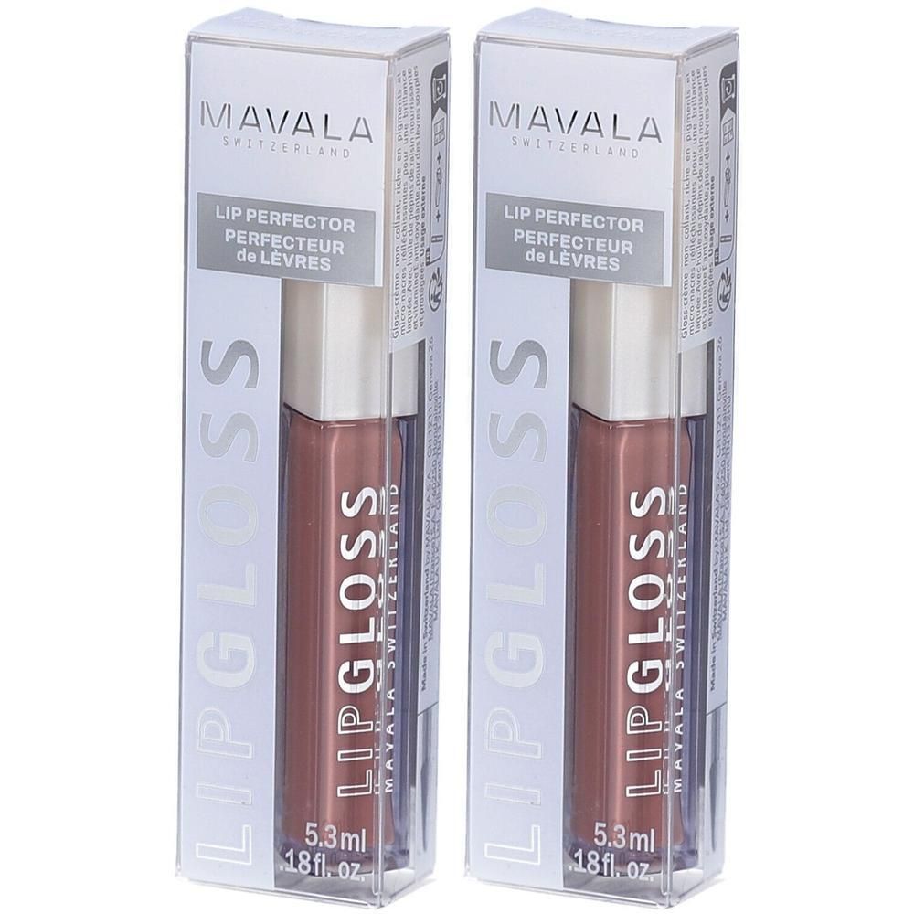 Deux boîtes de gloss. Inscription: MAVALA, LIP GLOSS, 5,3 ml. Teinte: Nougat. Emballage avec nom et description du produit.