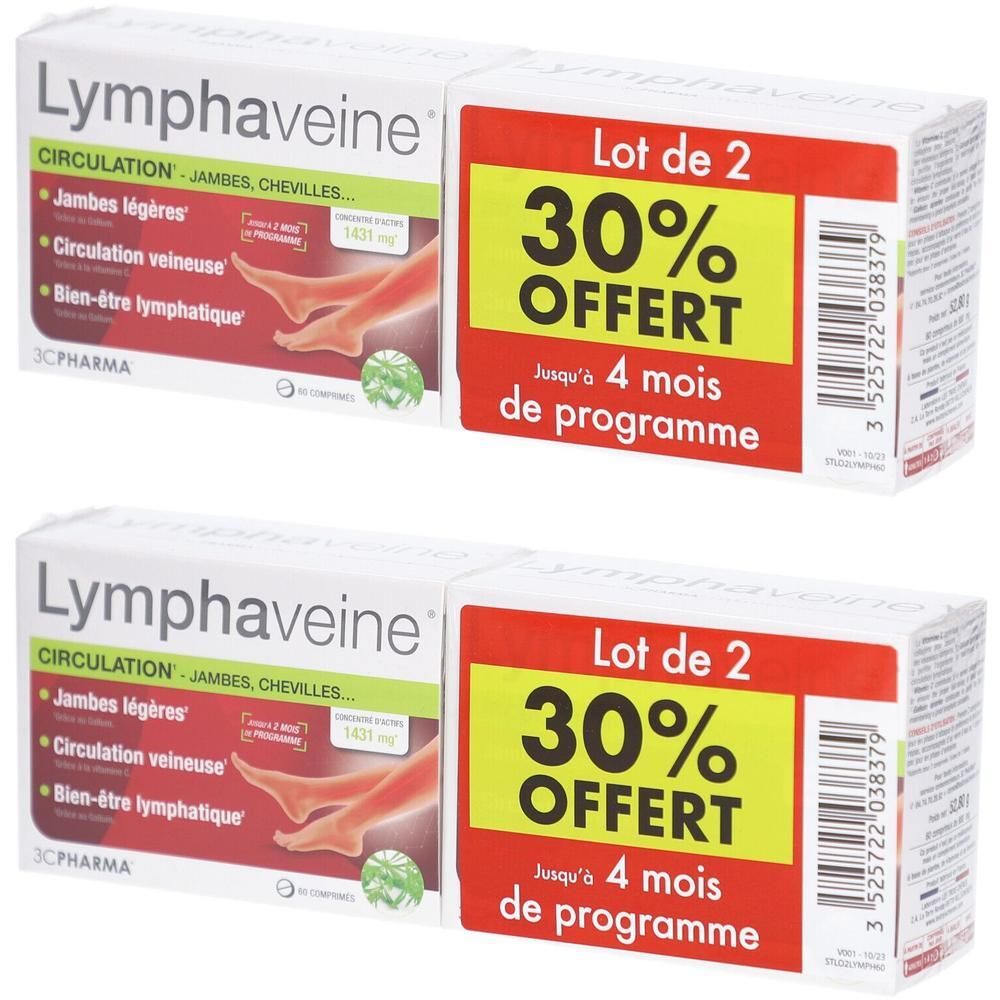 Deux boîtes de Lymphaveine. Inscription: Circulation, Jambes, Chevilles. Offre: 30% de réduction, jusqu'à 4 mois de programme.
