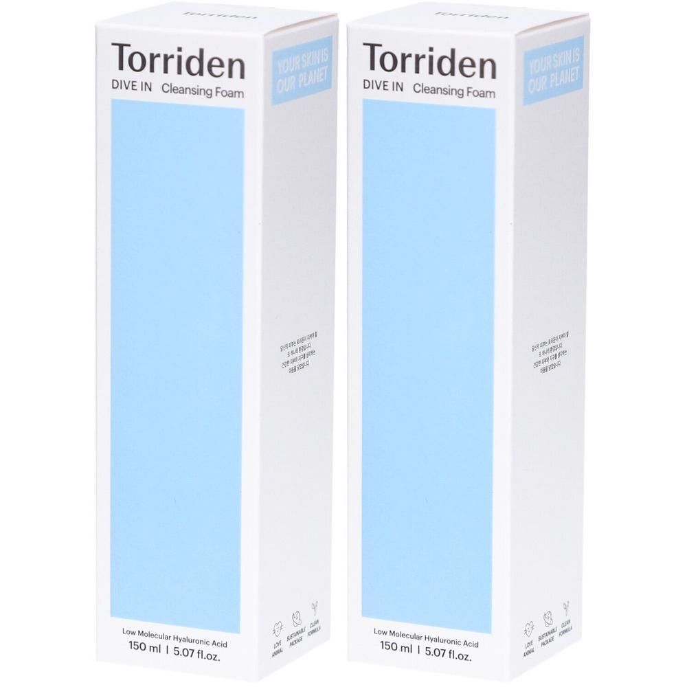 Deux boîtes blanches avec un champ bleu. Inscription : Torriden, DIVE IN Cleansing Foam. Texte : Low Molecular Hyaluronic Acid. 150 ml.