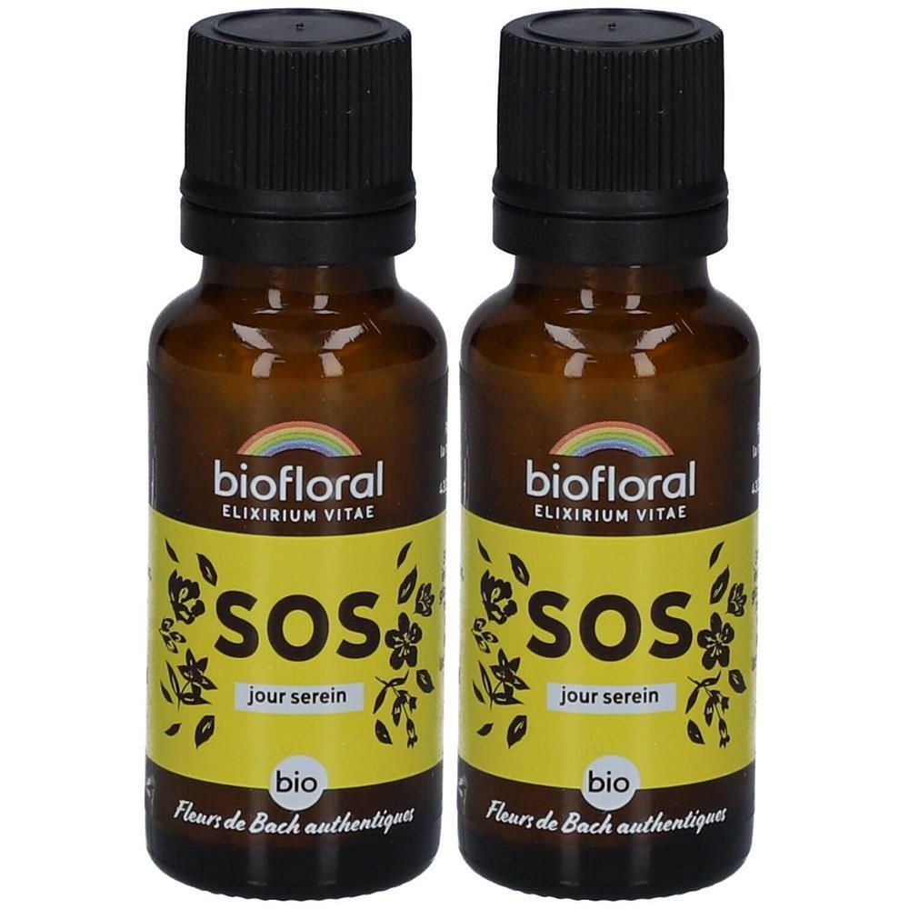 Deux flacons en verre brun avec bouchon noir. Sur étiquette jaune : "biofloral", "SOS jour serein", "bio".