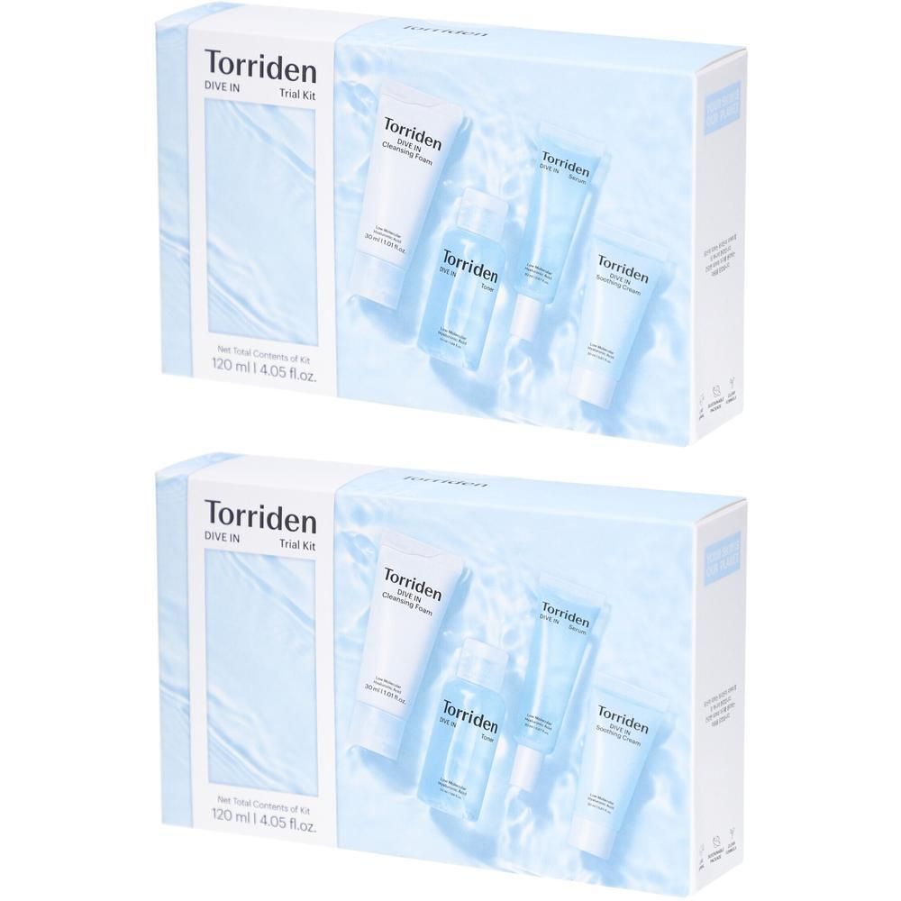Deux boîtes de produits Torriden DIVE IN Trial Kit. Contiennent plusieurs tubes et flacons. Fond bleu clair avec des motifs.