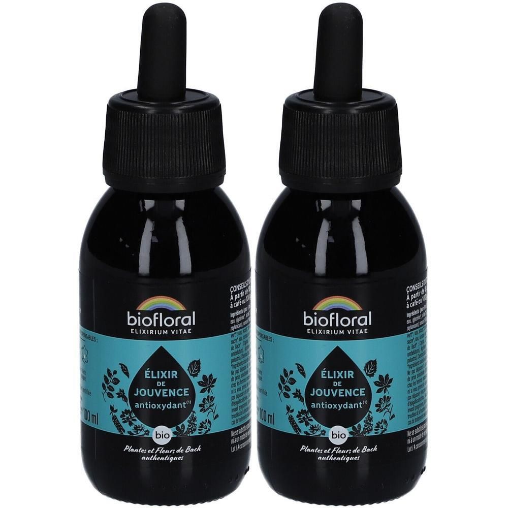 Deux flacons en verre noir avec compte-gouttes. Inscription : BIOFLORAL, ÉLIXIR DE JOUVENCE, antioxydant, bio. Étiquette turquoise.