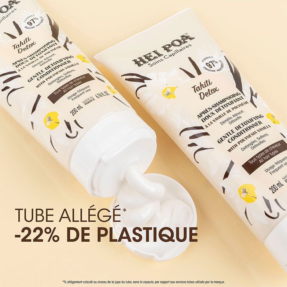 Tube de revitalisant, partiellement ouvert. Inscription: HEI POA, Tahiti Detox, Après-shampooing doux détoxifiant. -22% de plastique en moins.