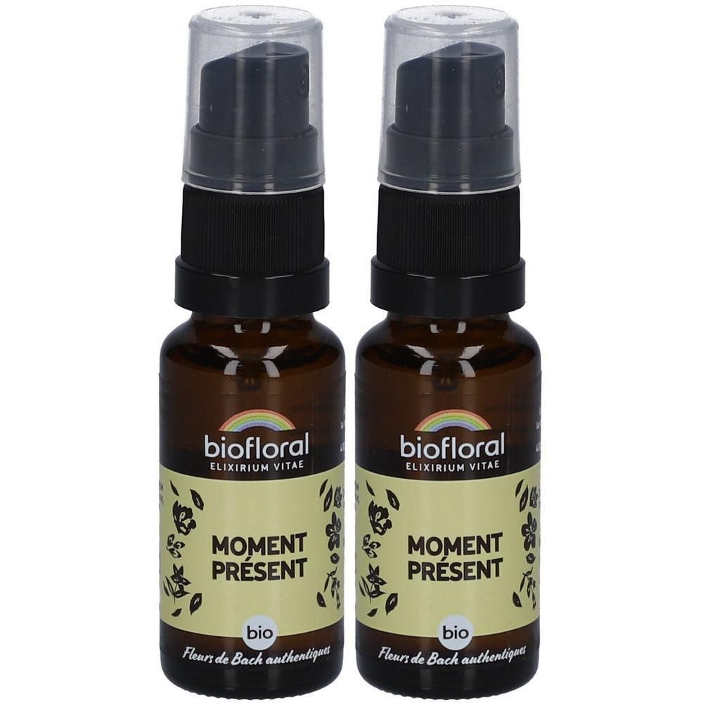 Deux flacons spray en verre brun. Étiquettes avec "biofloral" et "Moment Présent". Tête de pulvérisation noire avec capuchon transparent.