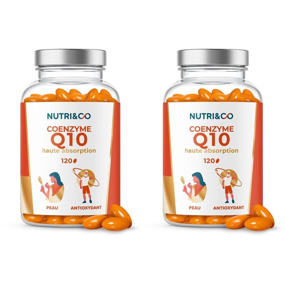 Deux flacons en verre avec gélules oranges. Étiquette "NUTRI&CO Coenzyme Q10". 120 gélules. Bouchons métalliques.