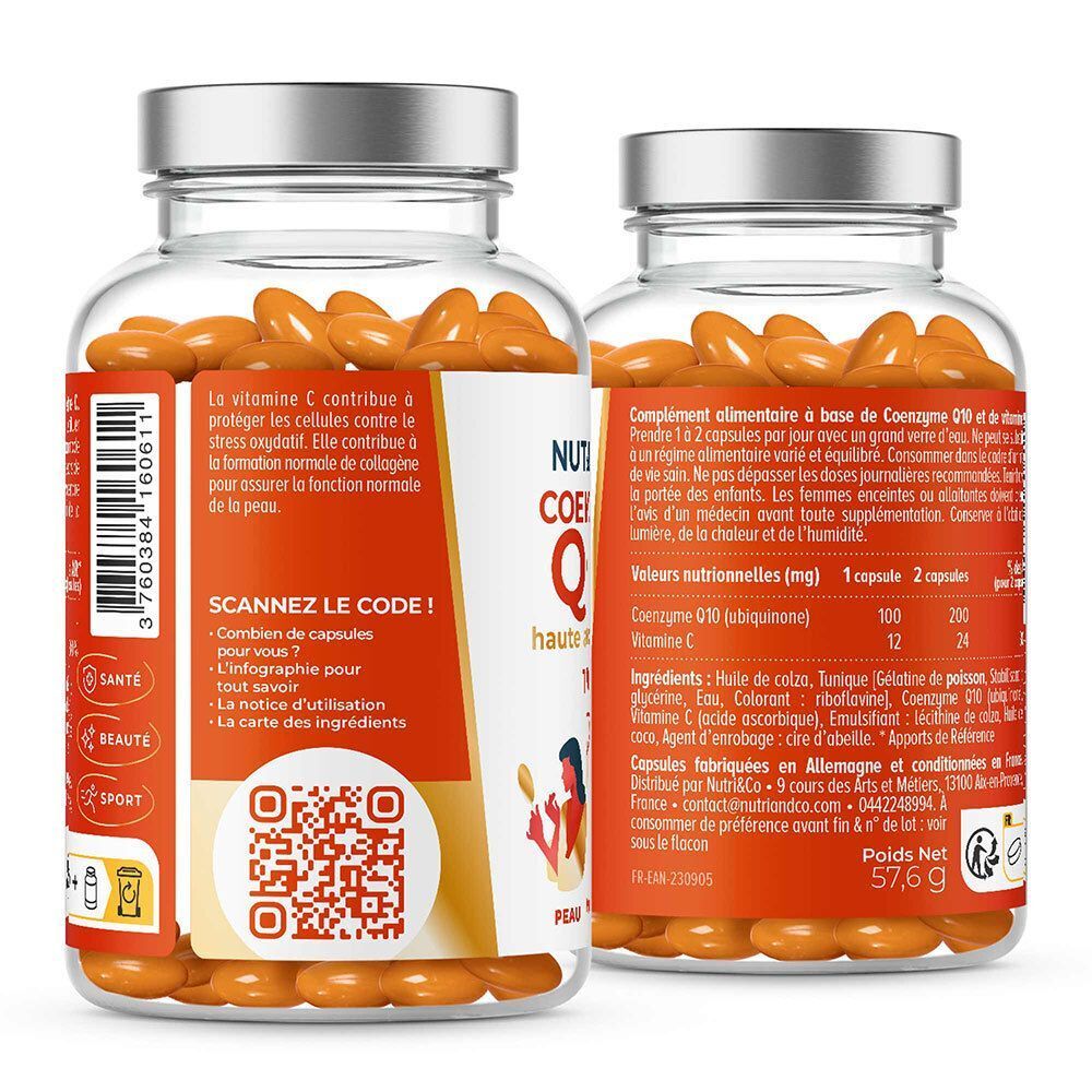 Dos de deux flacons avec gélules oranges. Étiquette avec texte et QR code. Bouchons métalliques.