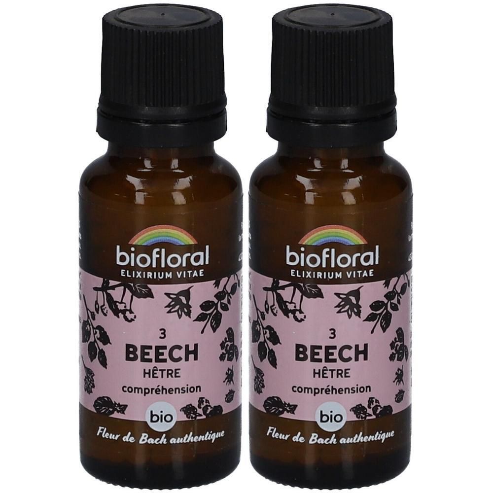 Deux flacons en verre brun avec bouchons noirs. Étiquettes avec texte: biofloral, BEECH, HÊTRE, bio. Logo arc-en-ciel.