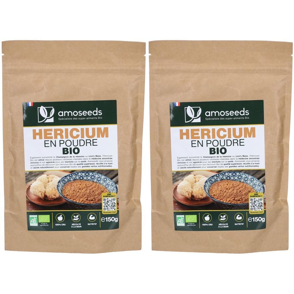 Deux sachets de Hericium en Poudre Bio. Inscription : amoseeds, Hericium en Poudre Bio, e150g. Emballage en papier brun imprimé.