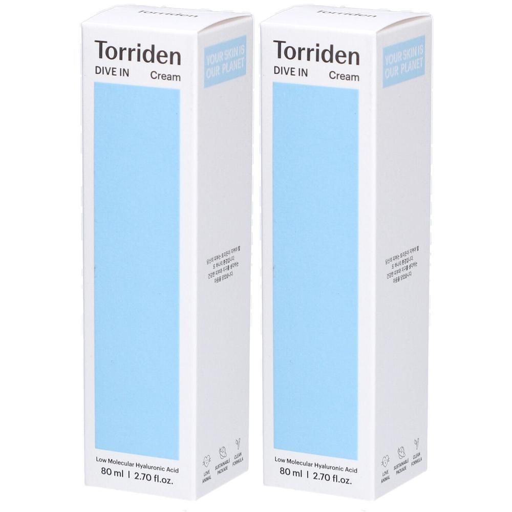 Deux boîtes blanches avec un rectangle bleu. Inscription: Torriden, DIVE IN Cream. En bas: 80 ml. Inscription: Low Molecular Hyaluronic Acid.