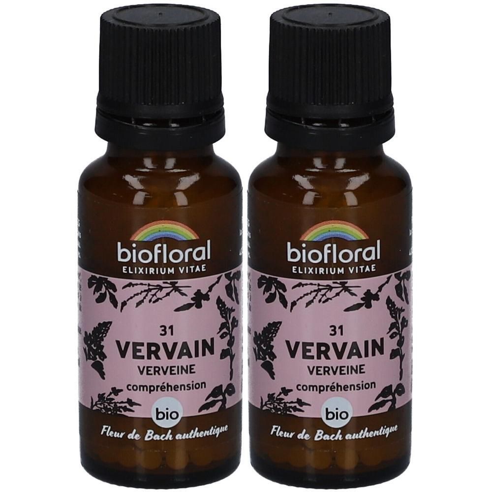 Deux flacons en verre brun avec bouchons noirs. Étiquettes avec texte: Vervain, Biofloral, Bio. Inscription: Fleur de Bach authentique.