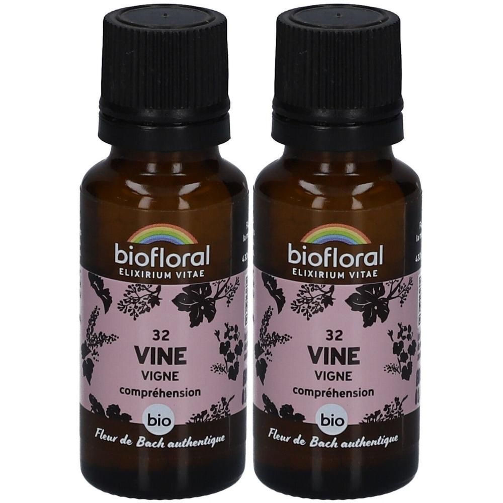 Deux flacons en verre brun avec bouchon noir. Étiquette avec inscriptions: VINE, VIGNE, compréhension, bio. Marque: biofloral.