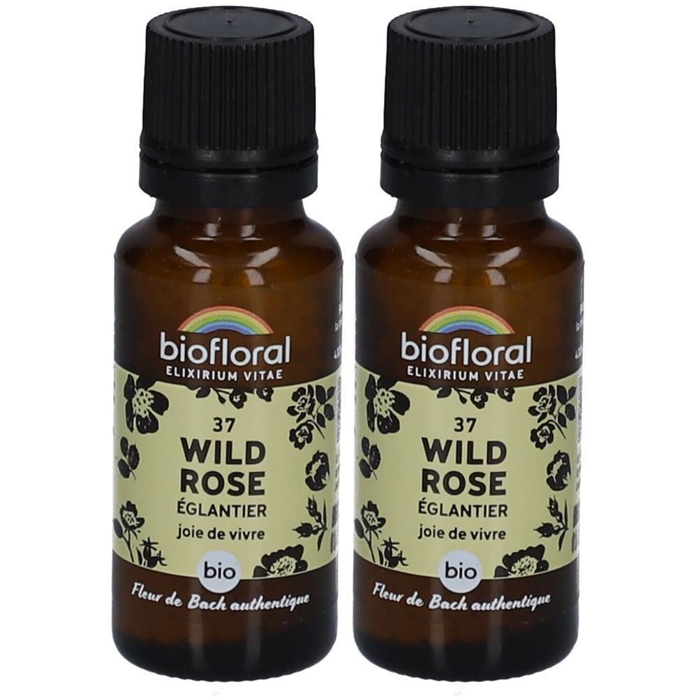 Deux flacons en verre brun avec bouchons noirs. Étiquettes avec "biofloral", "37 WILD ROSE" et "Fleur de Bach authentique".